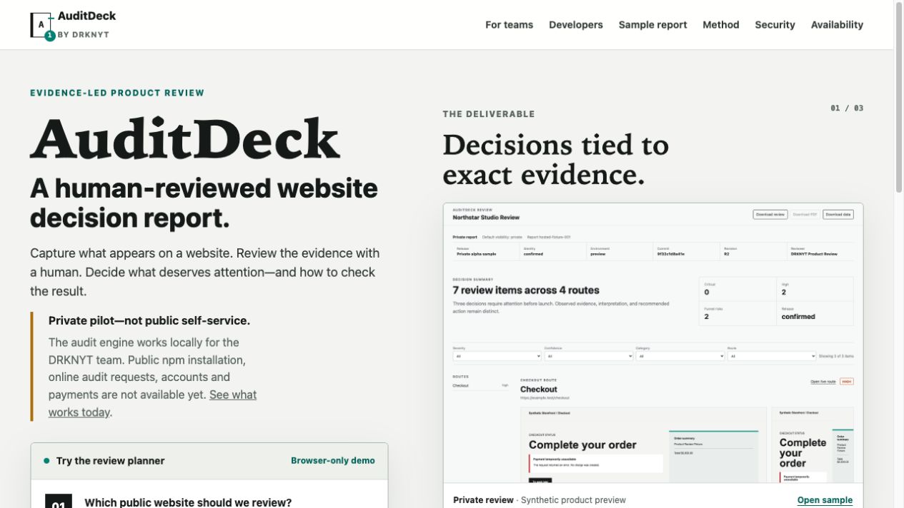 AuditDeck homepage — screenshot with the website’s text, navigation and hero artwork