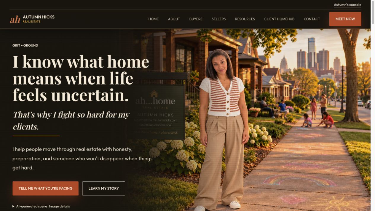 Autumn Hicks homepage — screenshot with the website’s text, navigation and hero artwork
