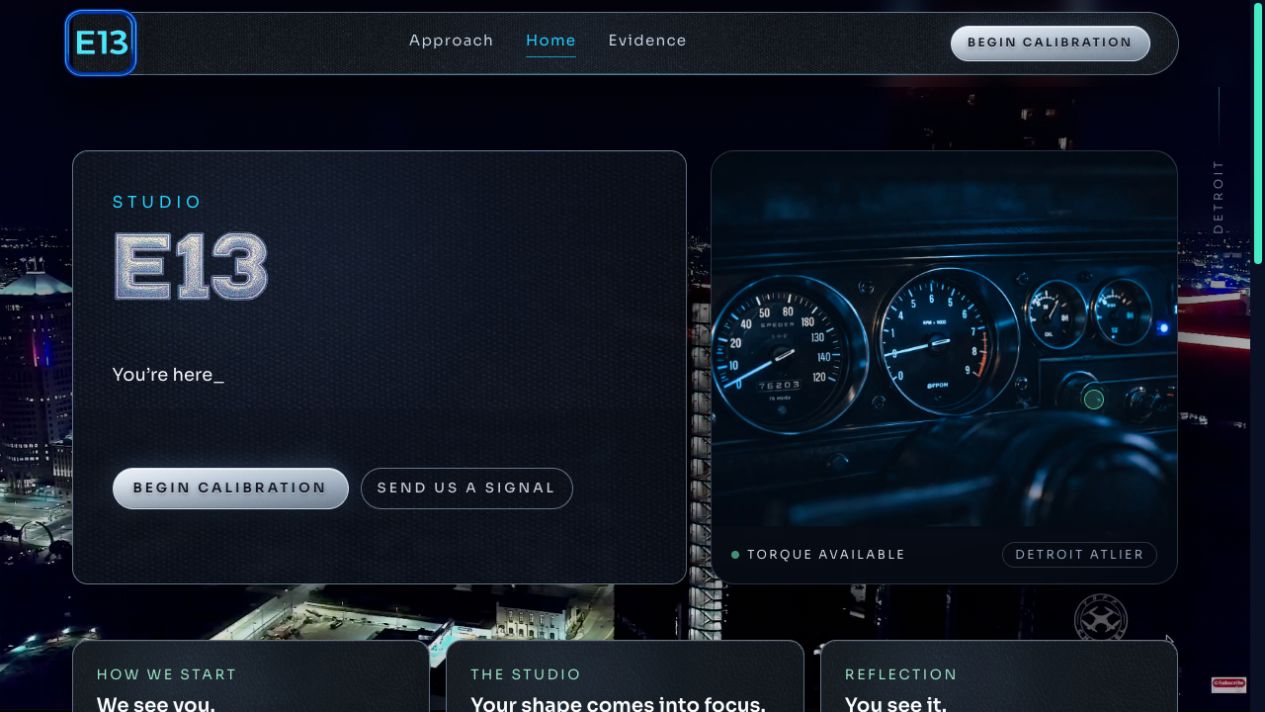 E13 homepage — screenshot with the website’s text, navigation and hero artwork