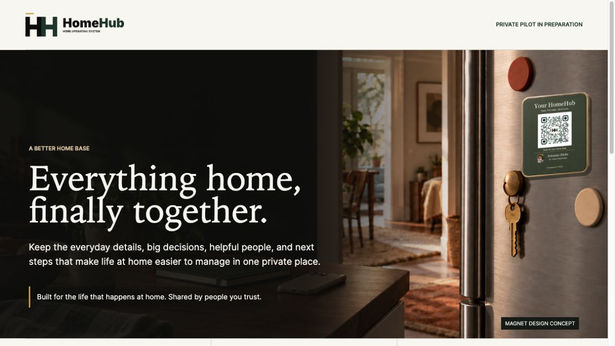 HomeHub homepage — screenshot with the website’s text, navigation and hero artwork