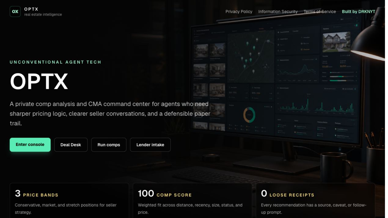 OPTX homepage — screenshot with the website’s text, navigation and hero artwork