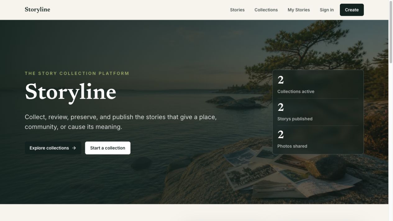 Storyline homepage — screenshot with the website’s text, navigation and hero artwork