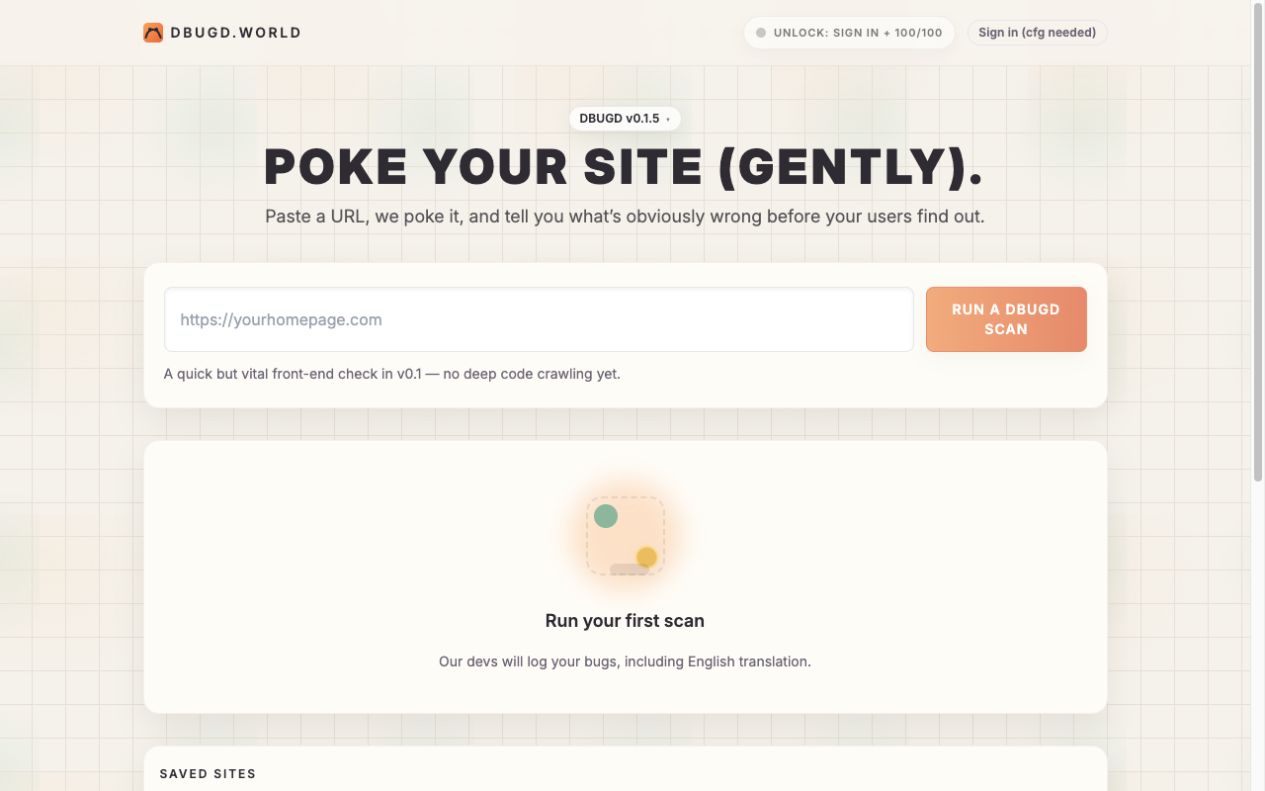 DBUGD homepage with its website-check headline, URL field and initial scan screen