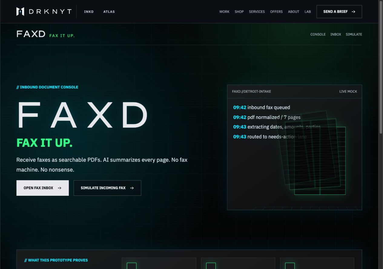 FAXD prototype homepage with its Fax it up headline and illustrative document console