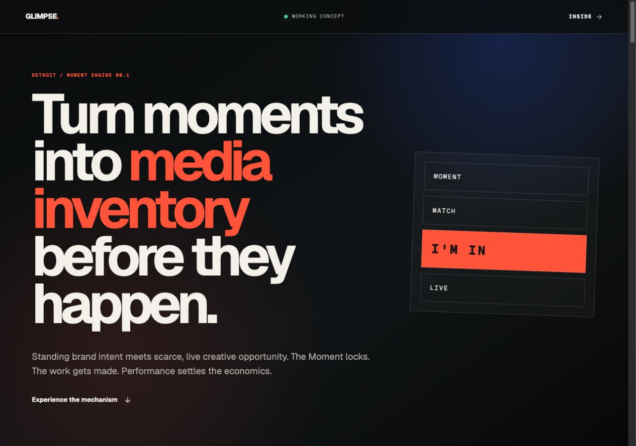 GLIMPSE working-concept homepage with its media-inventory headline and moment-to-live sequence