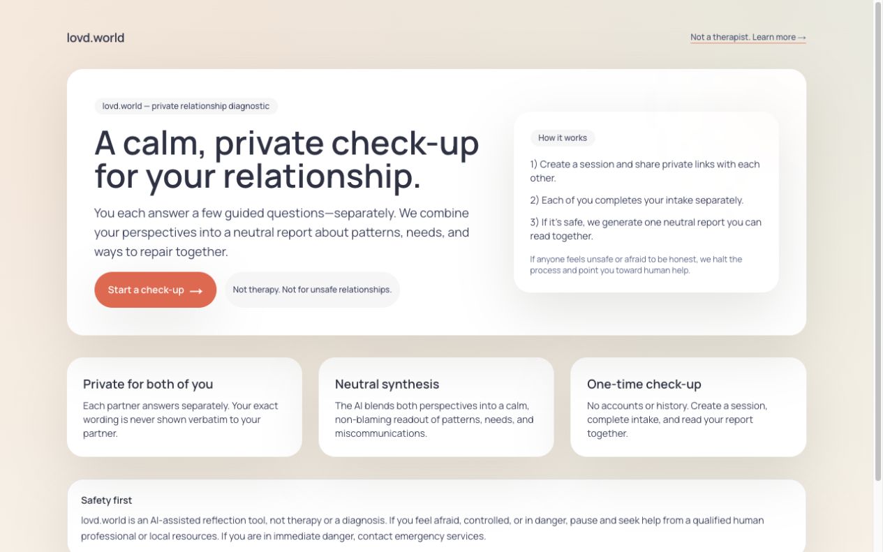 LOVD homepage with its relationship check-up headline and how-it-works panel