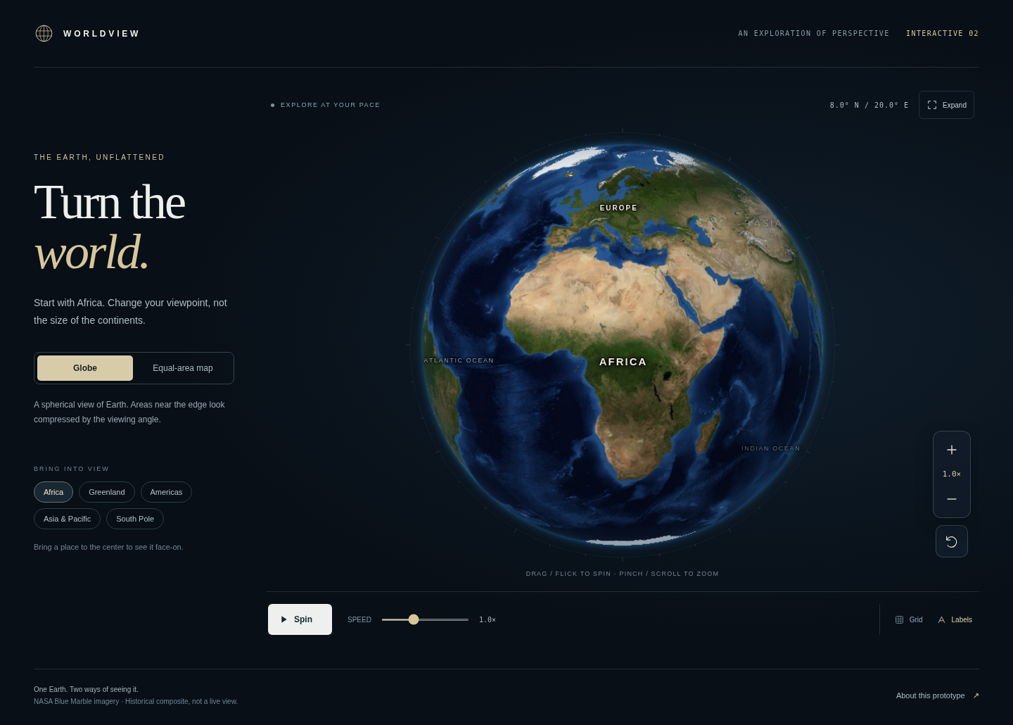 Worldview essay companion with its Turn the world headline, globe and map controls